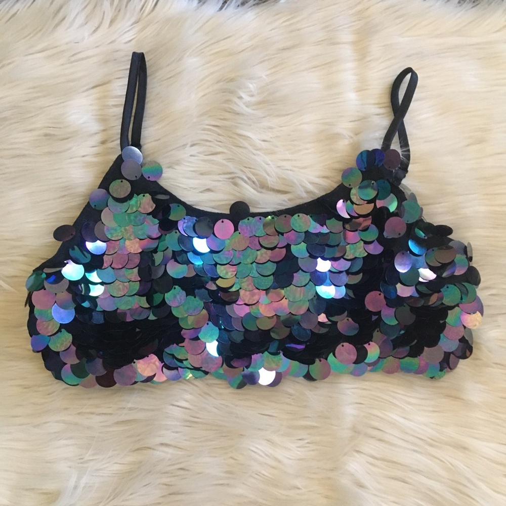 Sequined iridescent black Misguided crop top tank cami 4 small XS s